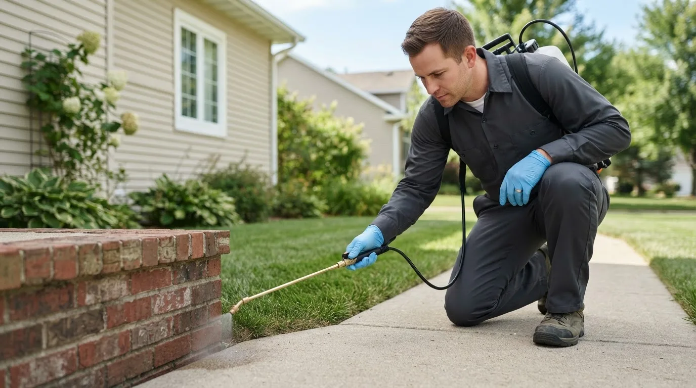 Pest control technician treating a home near Franklinton, NC